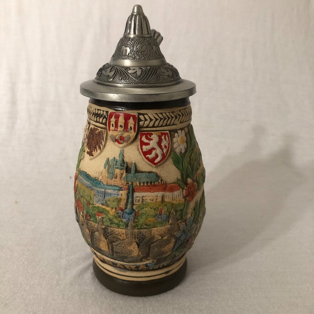 Vintage German Beer Stein with Pewter Lid – Western Germany – Raised Relief Tave